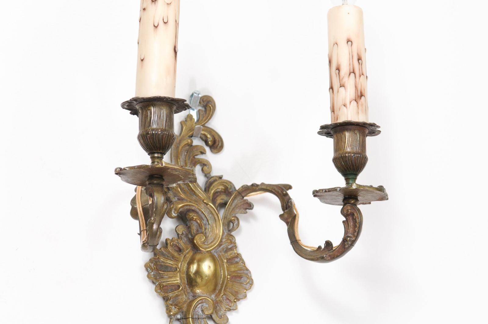 Pair of French Louis XV Style 19th Century Bronze Two-Light Wall Sconces 12
