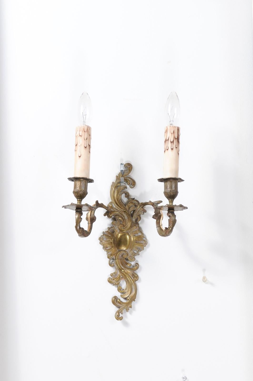 Pair of French Louis XV Style 19th Century Bronze Two-Light Wall Sconces In Good Condition In Atlanta, GA