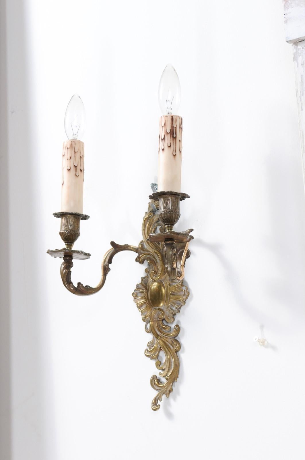 Pair of French Louis XV Style 19th Century Bronze Two-Light Wall Sconces 1