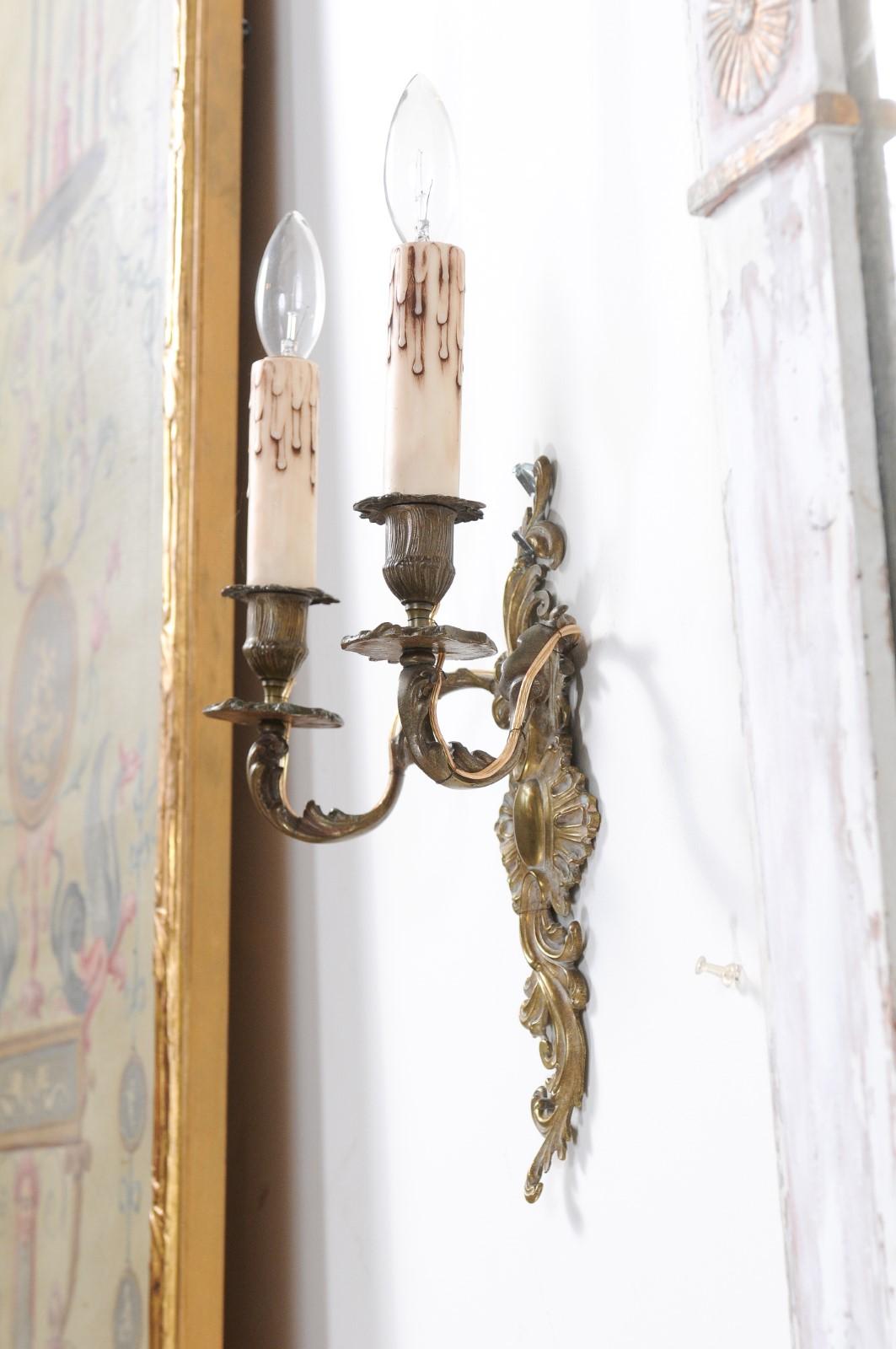 Pair of French Louis XV Style 19th Century Bronze Two-Light Wall Sconces 2