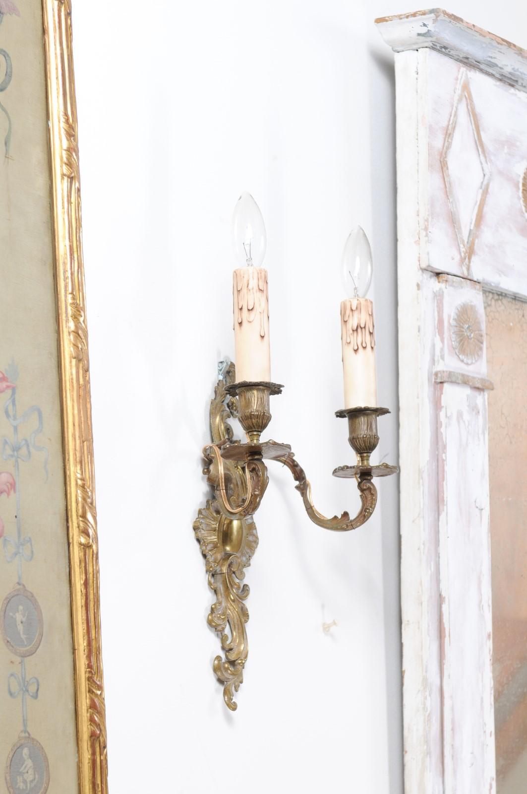 Pair of French Louis XV Style 19th Century Bronze Two-Light Wall Sconces 3