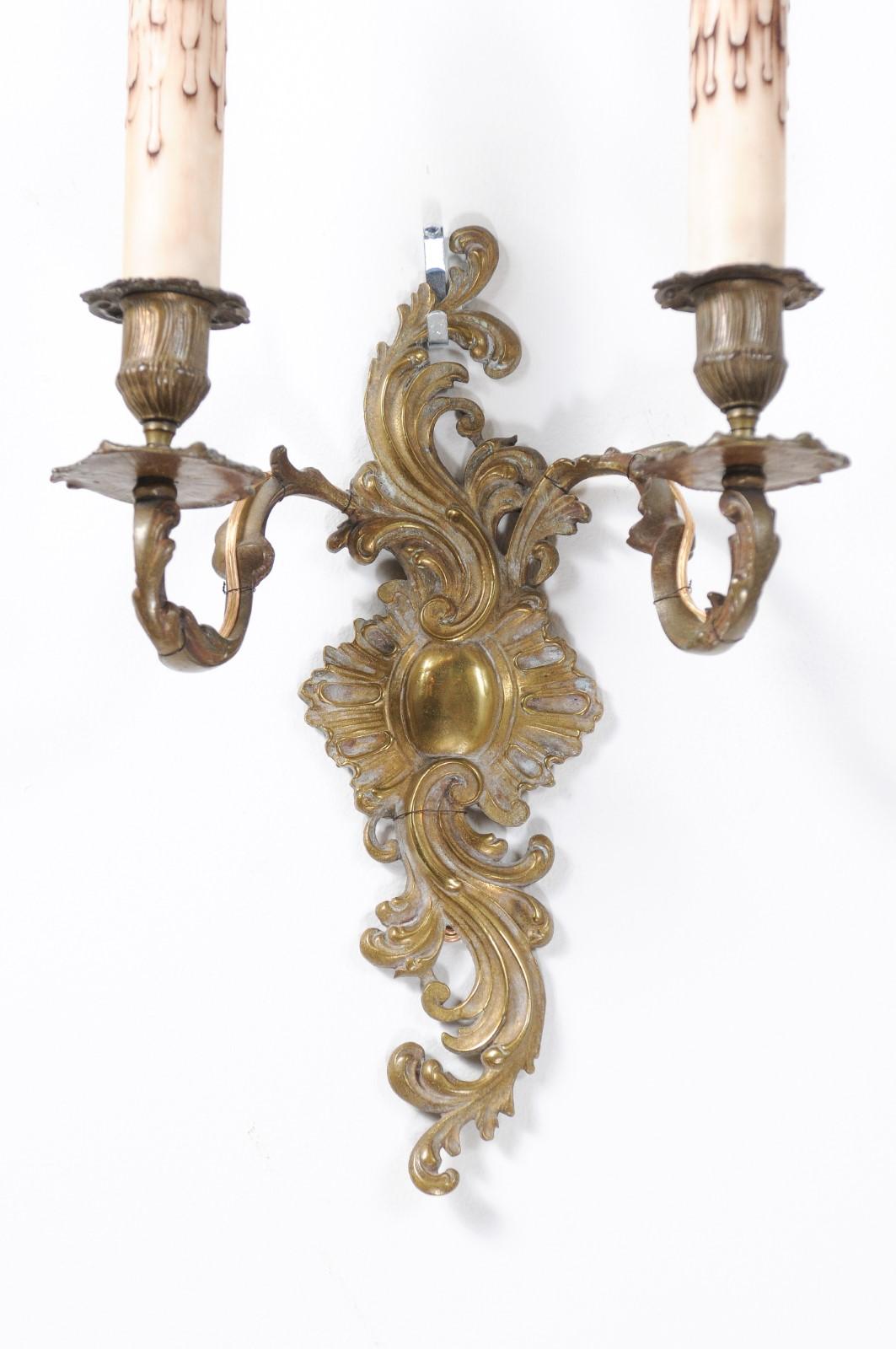 Pair of French Louis XV Style 19th Century Bronze Two-Light Wall Sconces 4