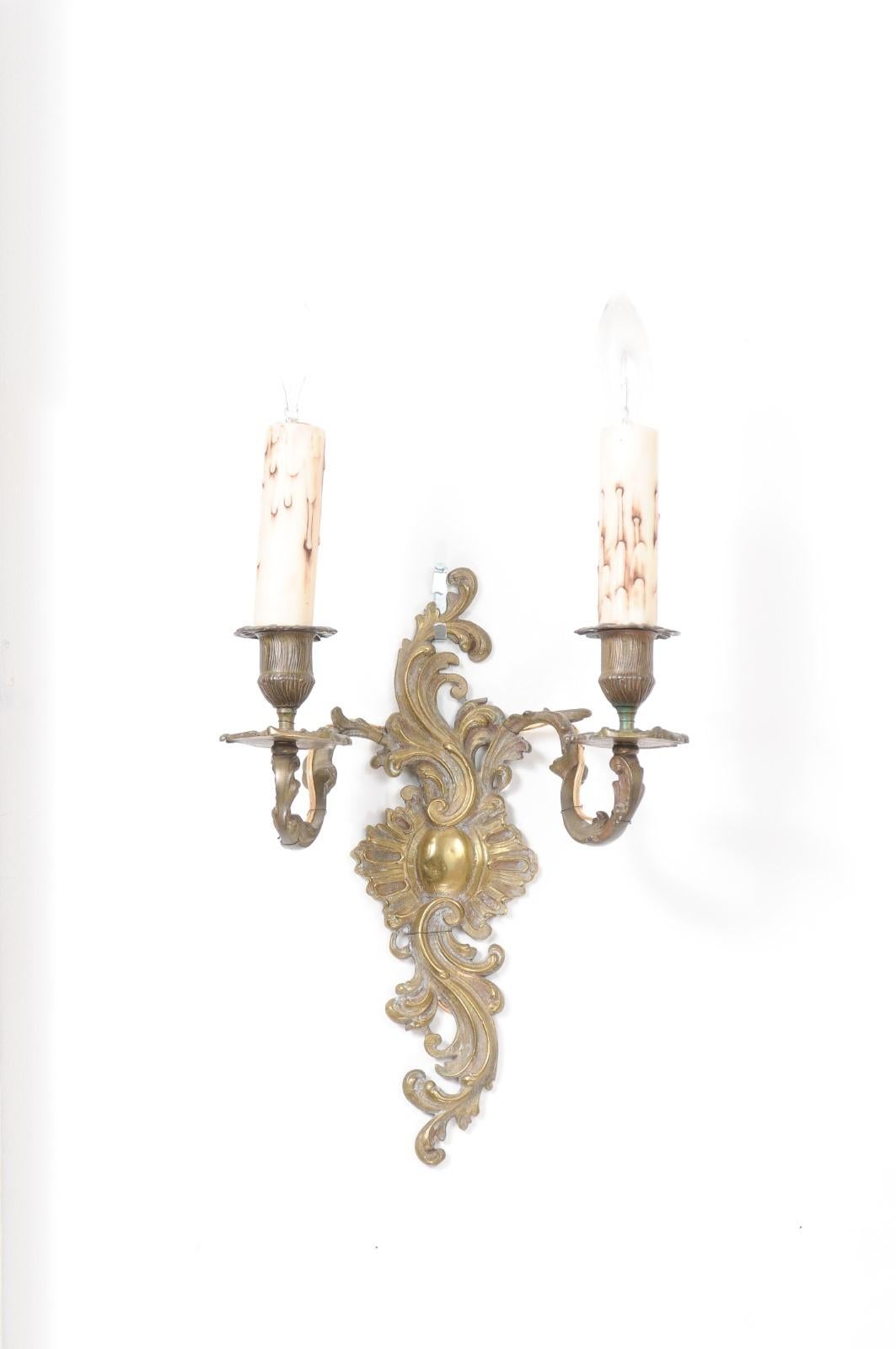 Pair of French Louis XV Style 19th Century Bronze Two-Light Wall Sconces 5