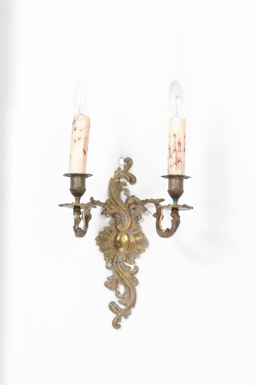 Pair of French Louis XV Style 19th Century Bronze Two-Light Wall Sconces 6