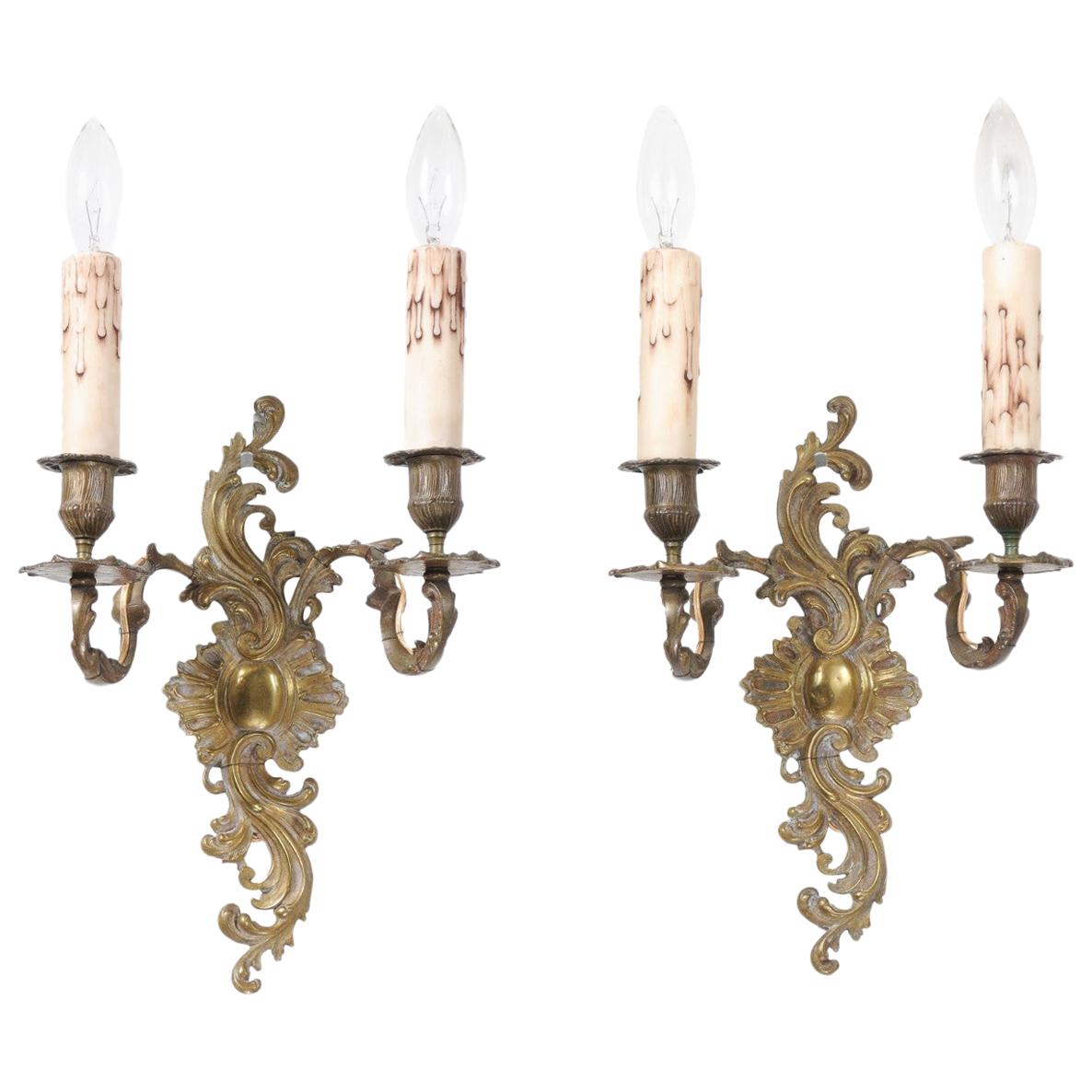 Pair of French Louis XV Style 19th Century Bronze Two-Light Wall Sconces