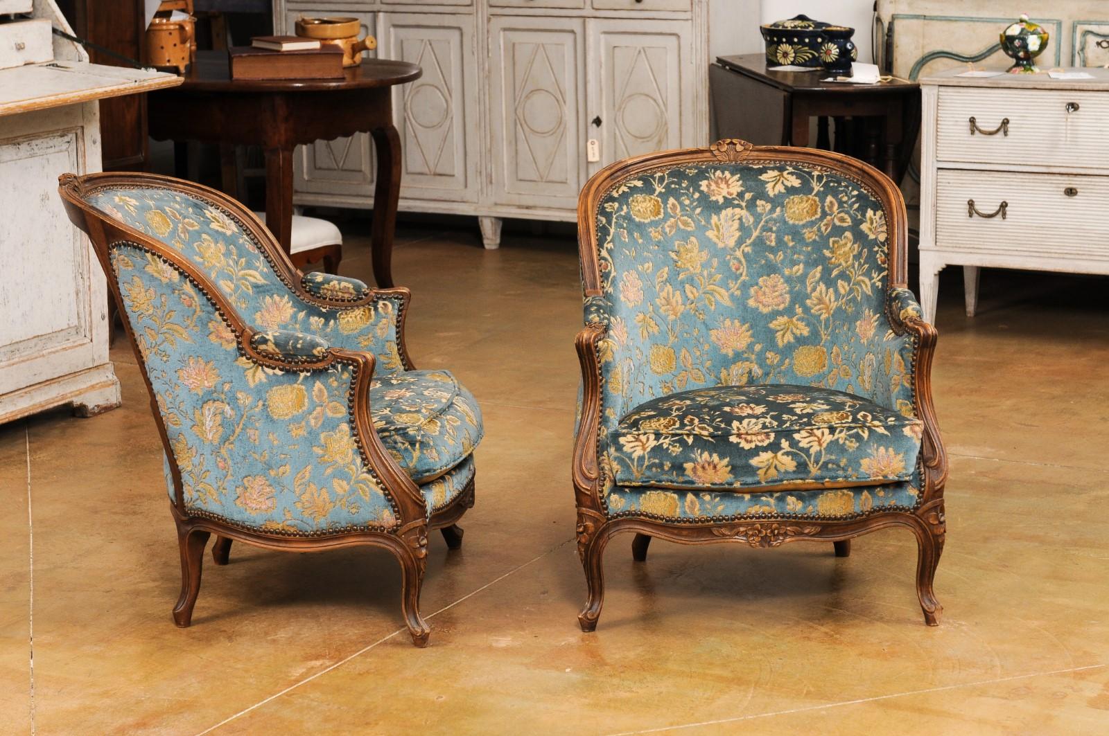 Pair of French Louis XV Style 19th Century Carved Walnut Bergères Chairs 2