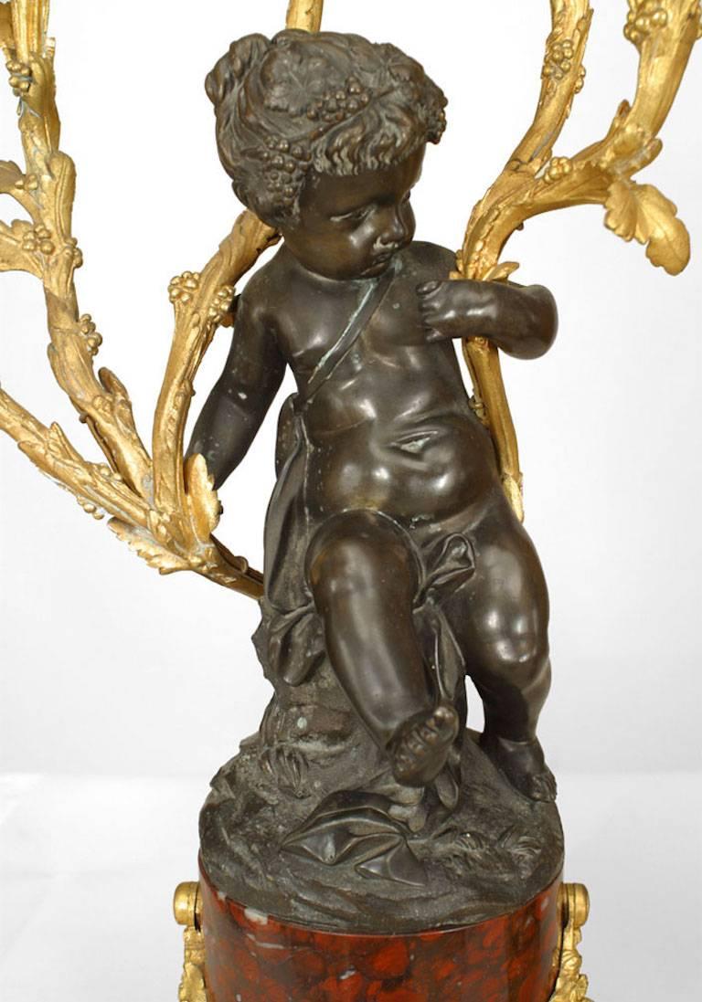 19th Century Pair of French Louis XV Style Bronze with Cupid 5 Arm Candelabra on Marble Bases For Sale