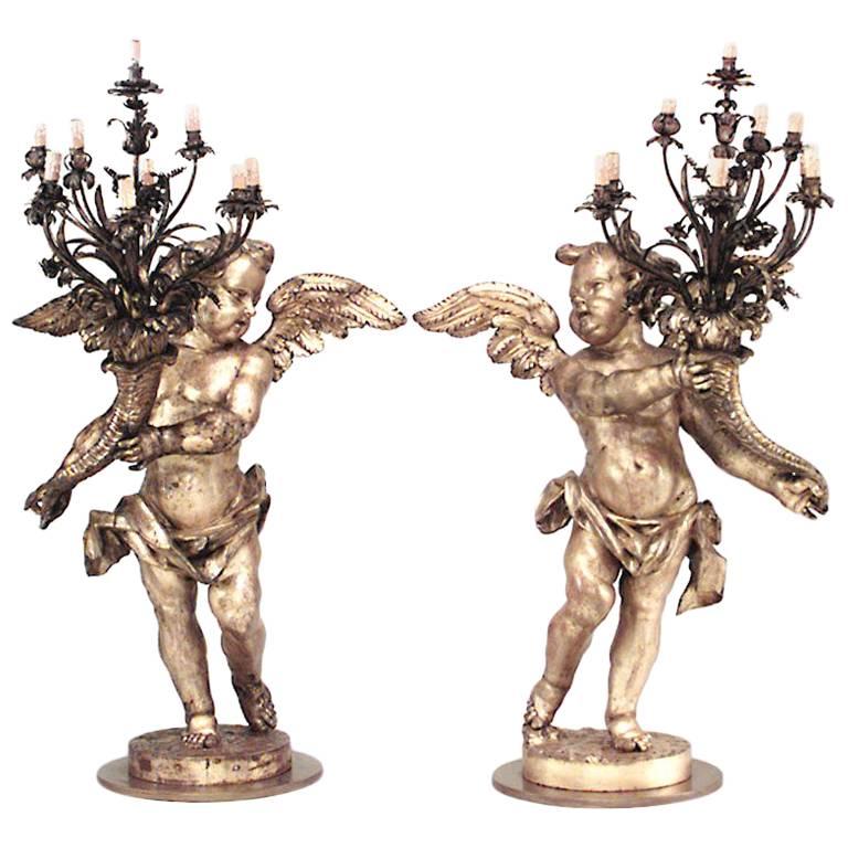 Pair of French Louis XV Style Gilt Cherub Torchieres For Sale