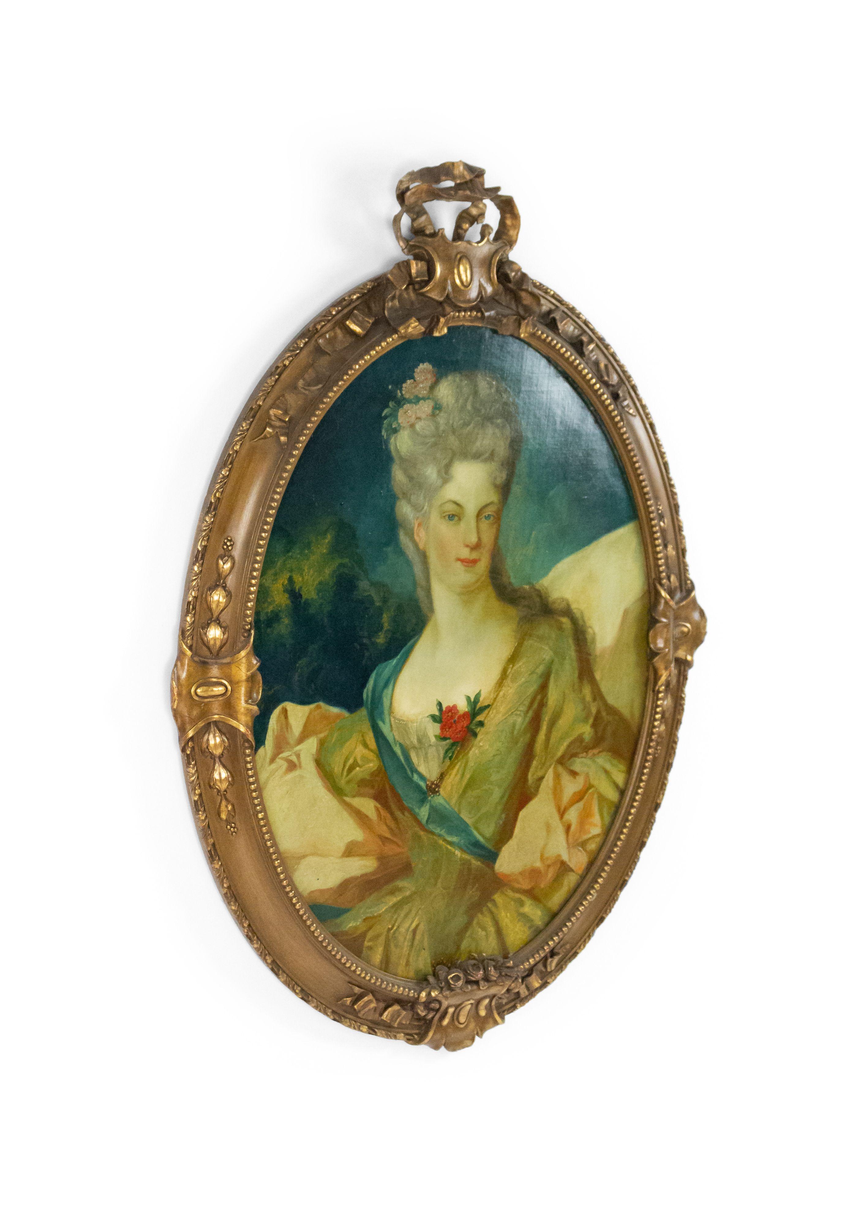 Giltwood Pair of French Louis XV Style 19th Century Ladies Portraits For Sale