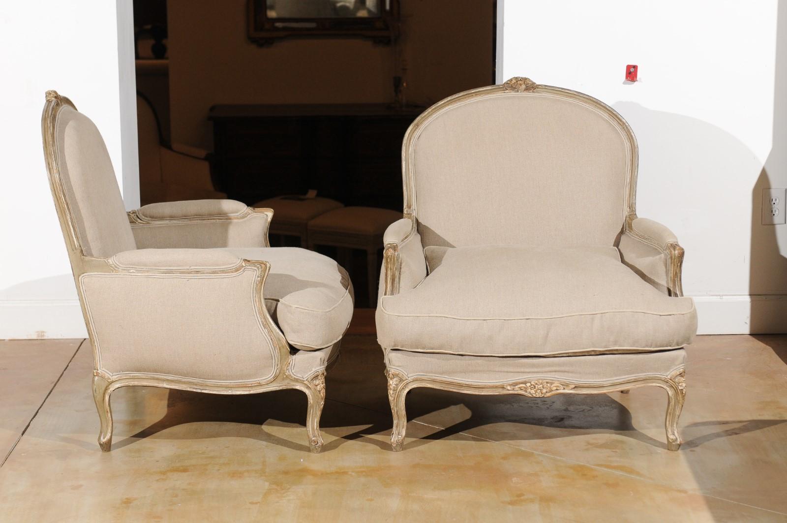 Pair of French Louis XV Style 19th Century Marquises Chairs with Upholstery In Good Condition In Atlanta, GA