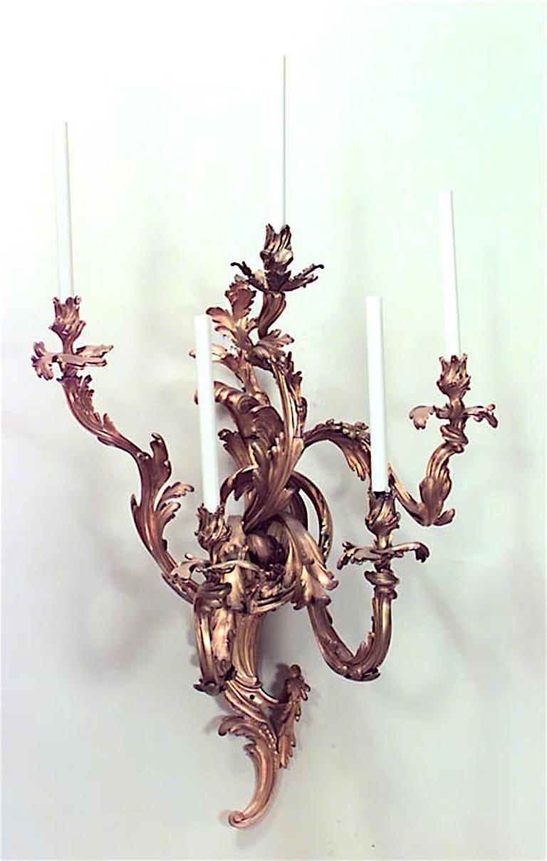 Pair of French Louis XV style (19th Century) bronze dore monumental wall sconces with 5 arms (LEWISOHN ESTATE) (PRICED AS Pair)
