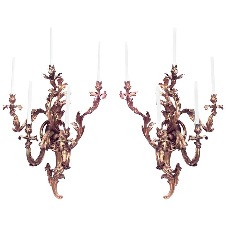 Pair of French Louis XV Bronze Dore Large Wall Sconces