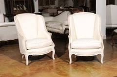 Pair of French Louis XV Style 19th Century Painted Bergeres with Cabriole Legs