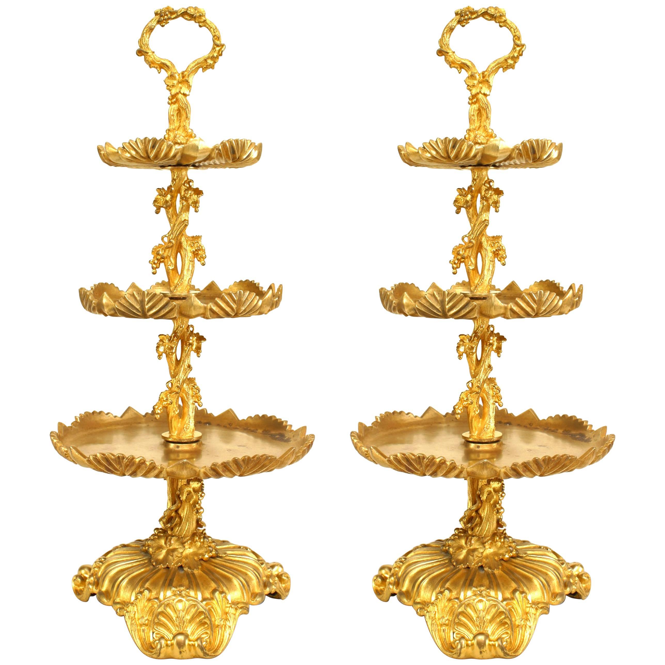 Pair of French Louis XV Bronze Dore 3 Tier Compotes For Sale