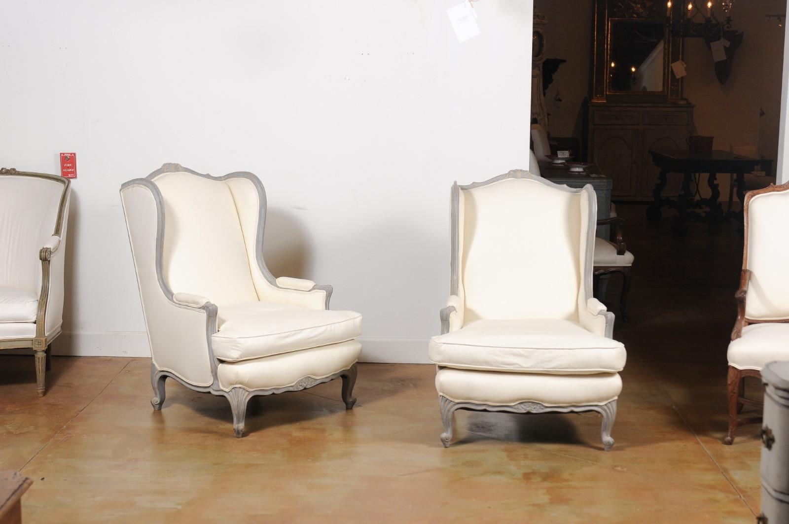 Painted Pair of French Louis XV Style 19th Century Wingback Bergères with New Upholstery For Sale