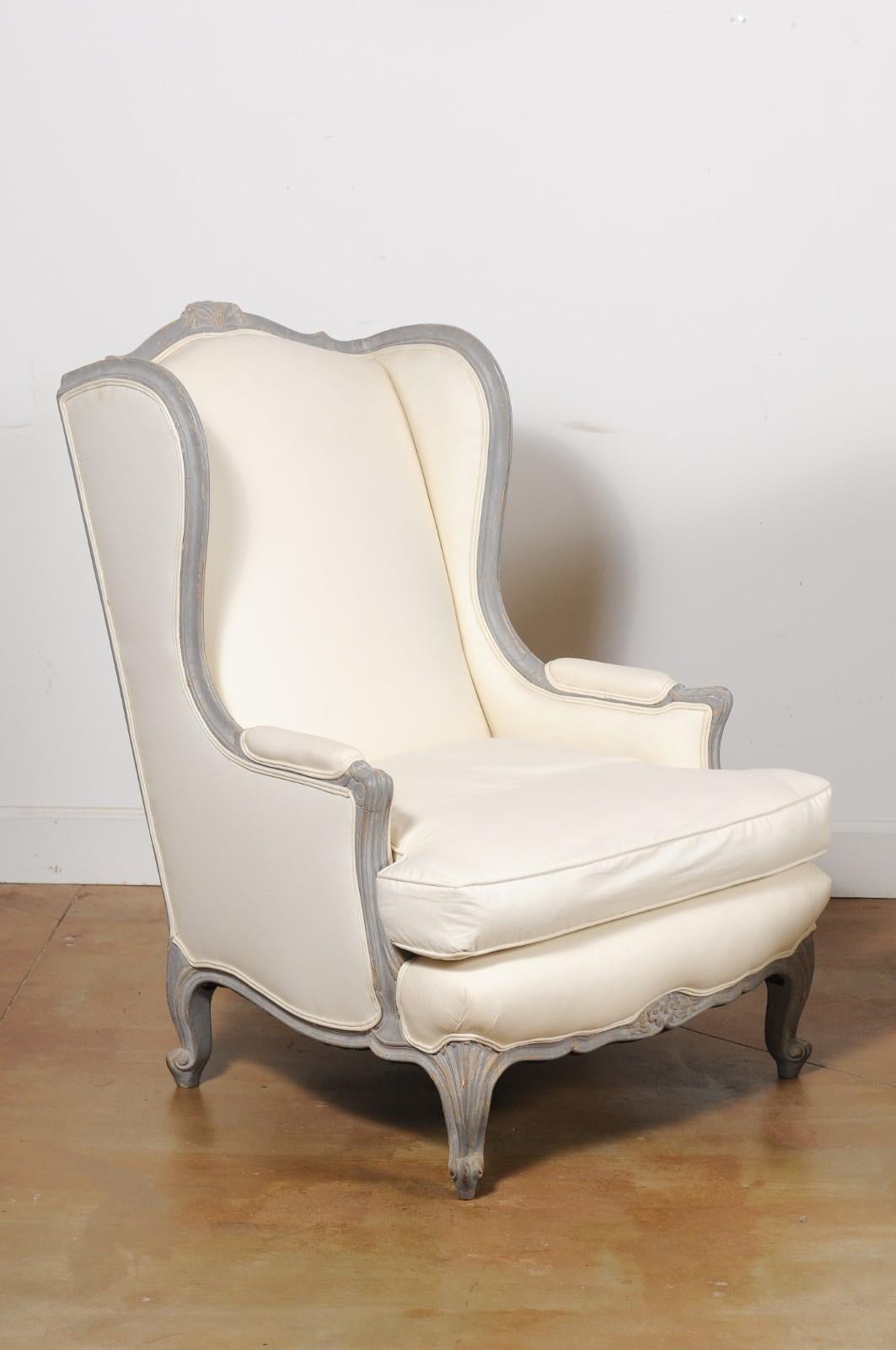 Pair of French Louis XV Style 19th Century Wingback Bergères with New Upholstery In Good Condition For Sale In Atlanta, GA