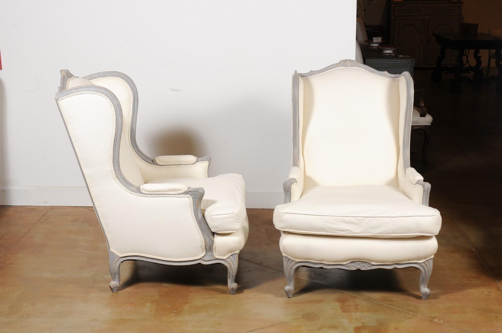Wood Pair of French Louis XV Style 19th Century Wingback Bergères with New Upholstery For Sale