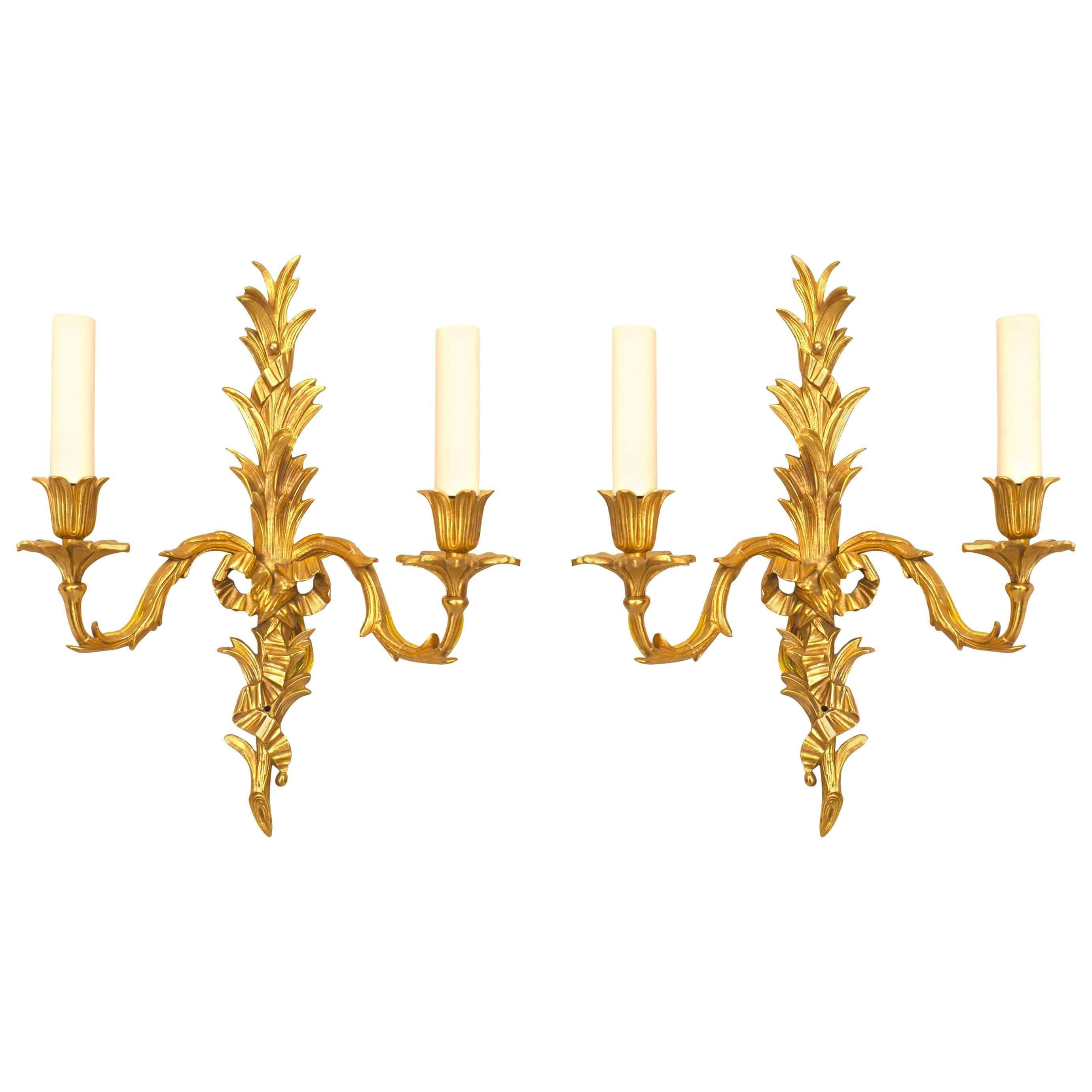 Pair of French Louis XV Style 20th Century Gilt Bronze Two-Arm Wall Sconces