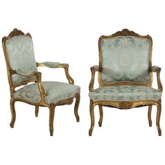 Pair of French Louis XV Style Antique Accent Armchairs Fauteuils in Blue Silk