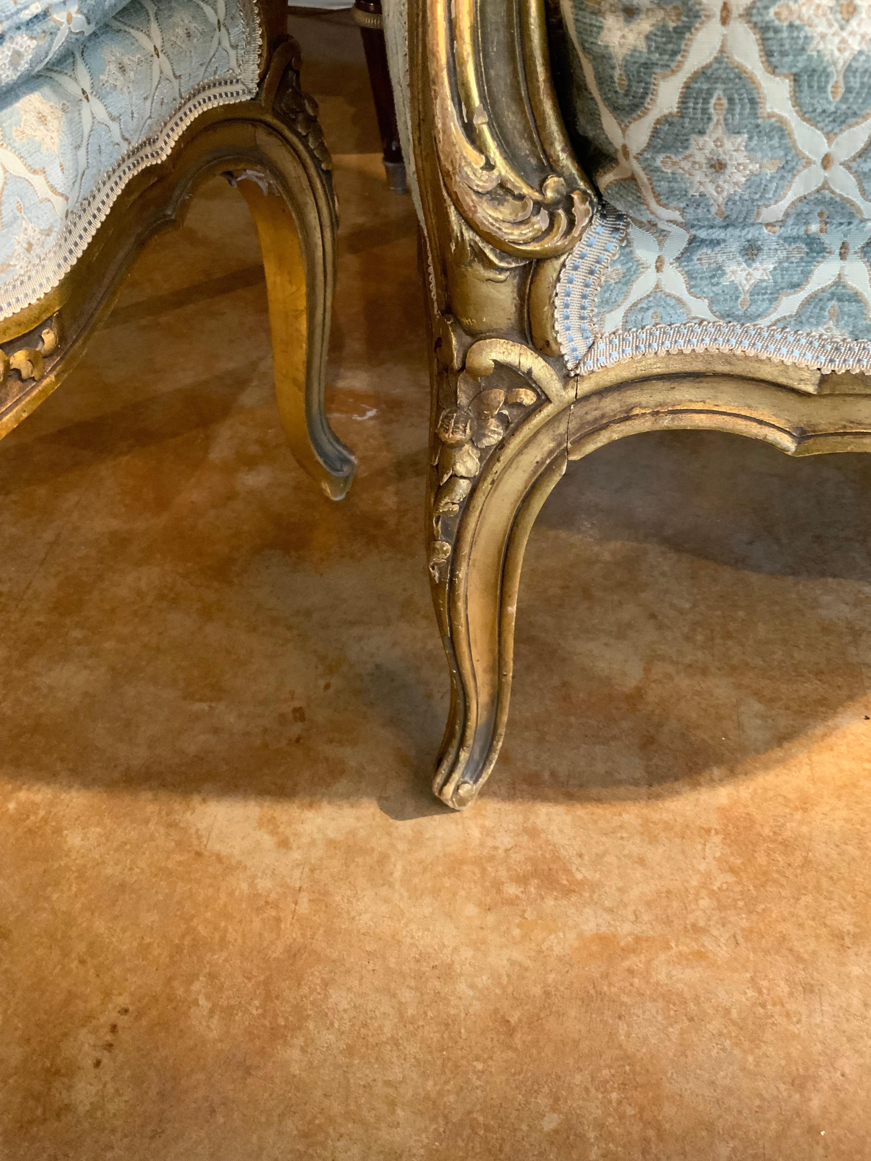 Pair of French Louis XV—Style antique giltwood bergere chairs For Sale 2