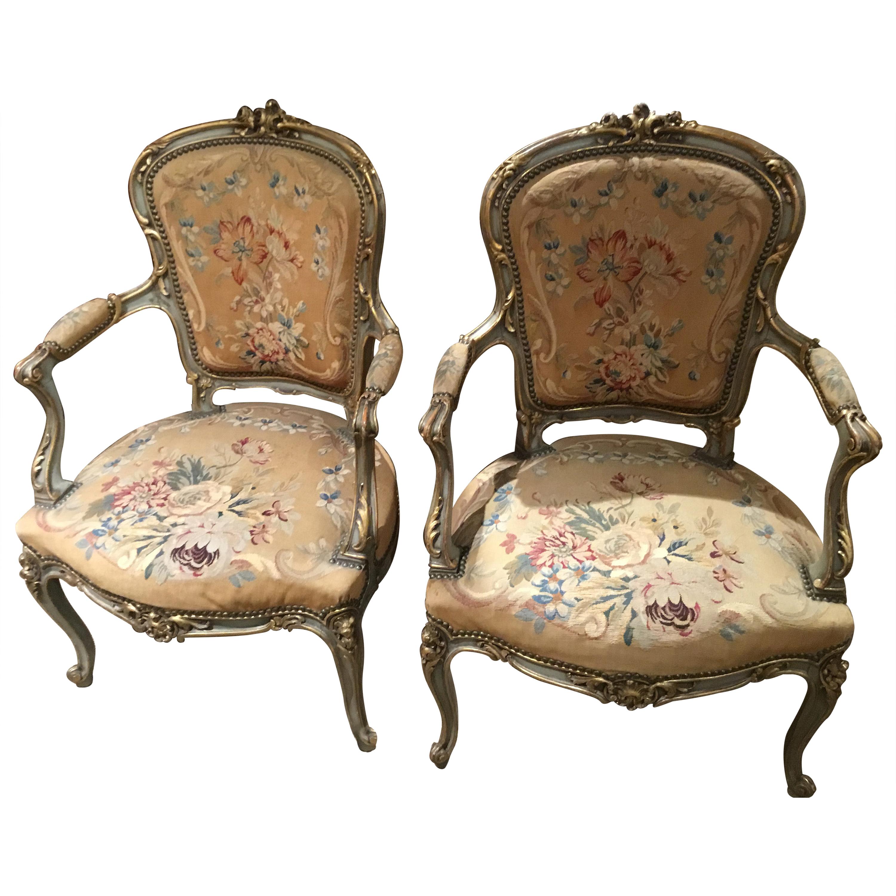 Pair of French Louis XV-Style Armchairs, 19th Century, Original Tapestry