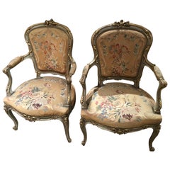 Pair of French Louis XV-Style Armchairs, 19th Century, Original Tapestry