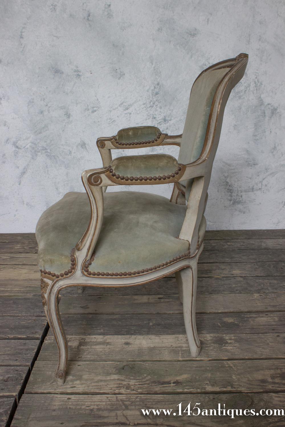 Pair of French Louis XV Style Armchairs in Sage Green Velvet For Sale 1