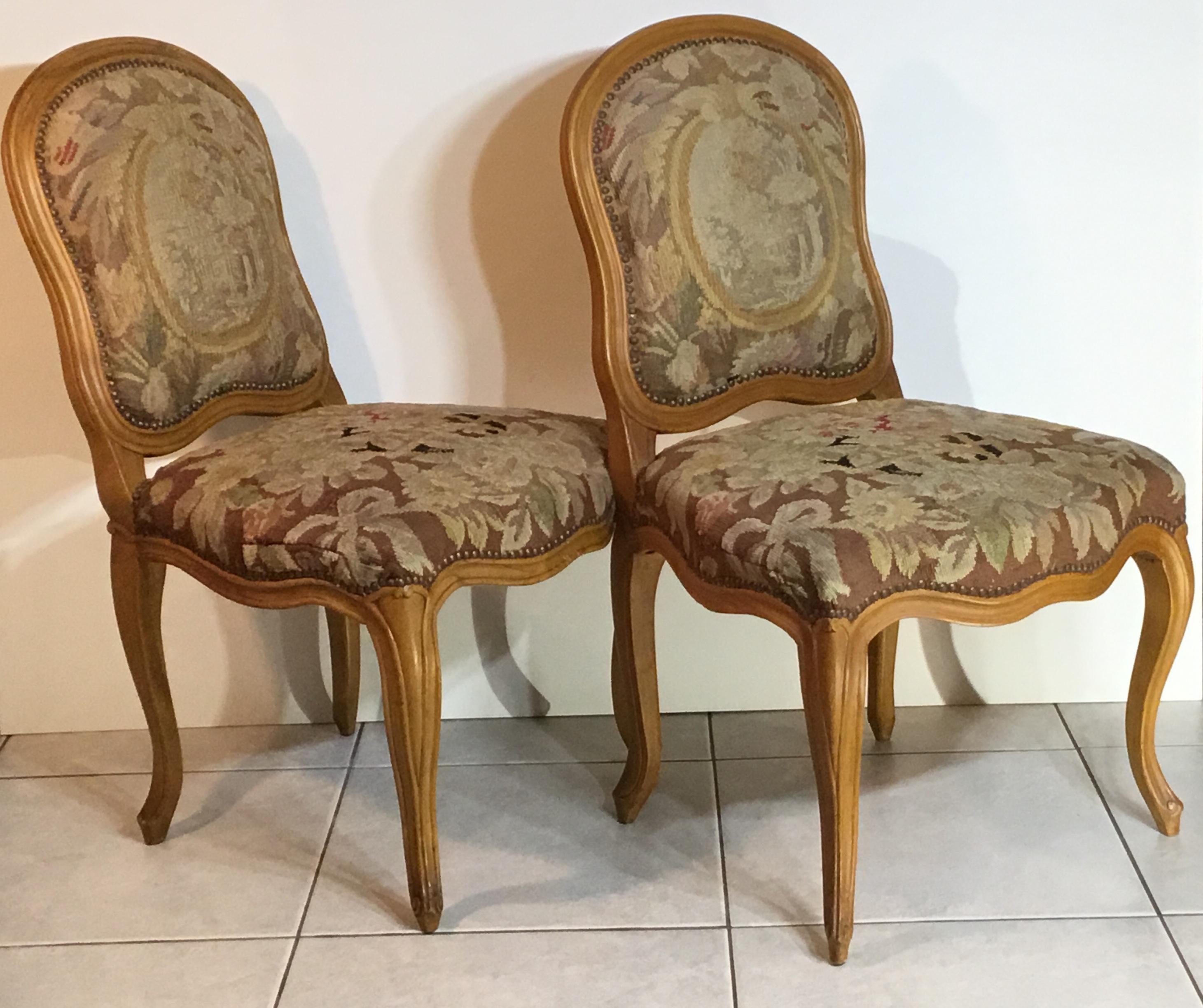Pair of French Louis XV Style Aubusson Upholstered Chairs 5