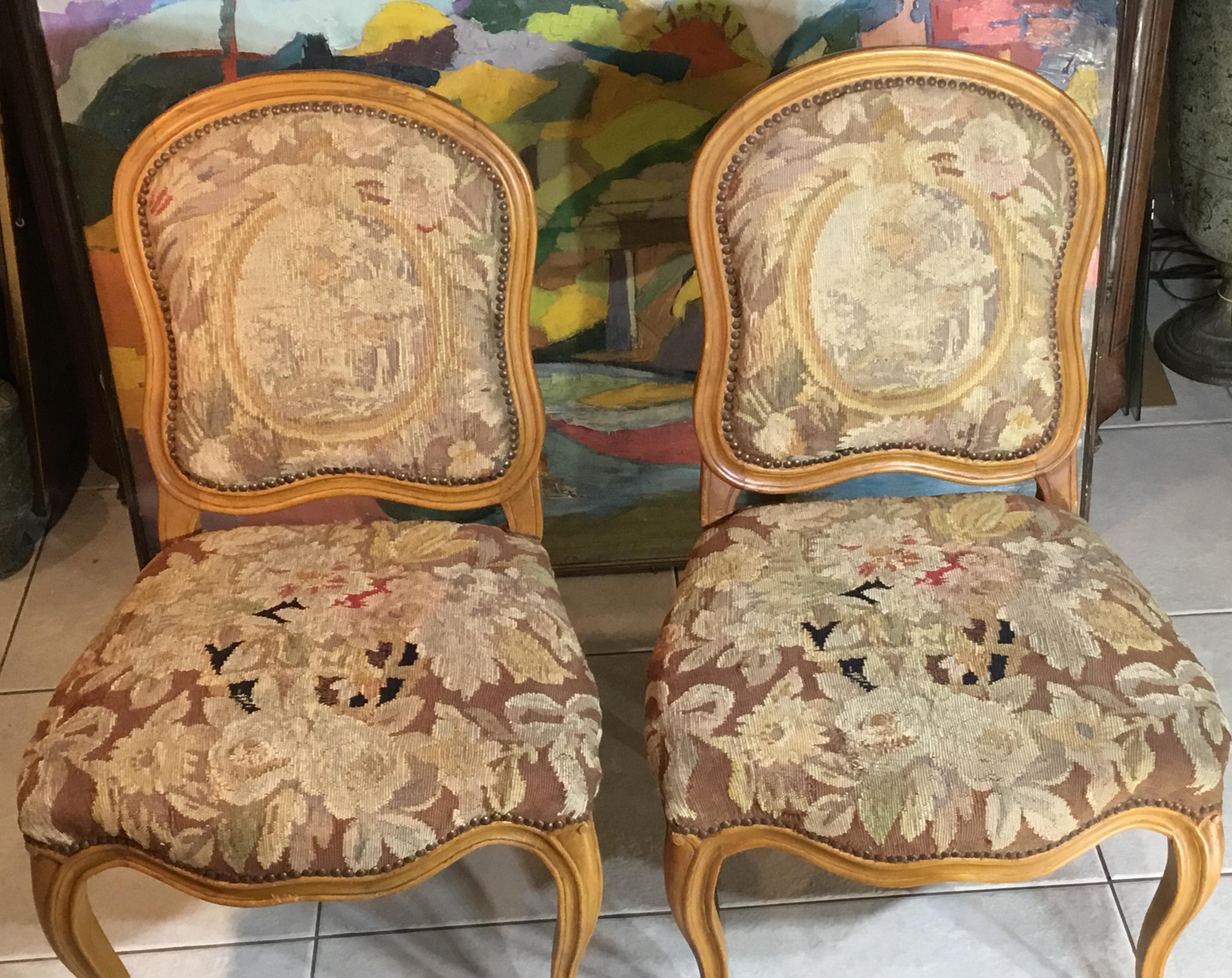 Pair of French Louis XV Style Aubusson Upholstered Chairs 9