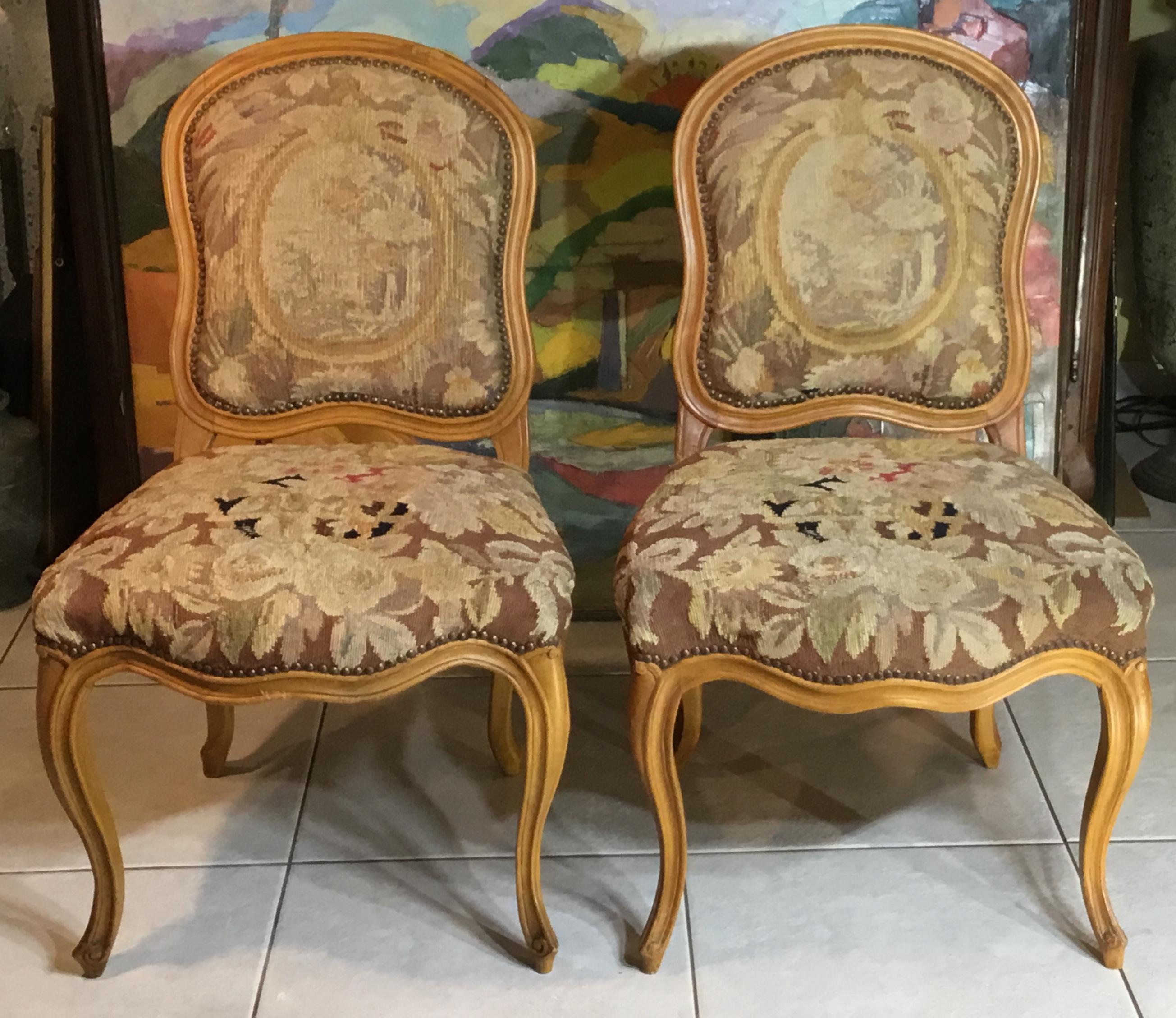 Pair of French Louis XV Style Aubusson Upholstered Chairs 12