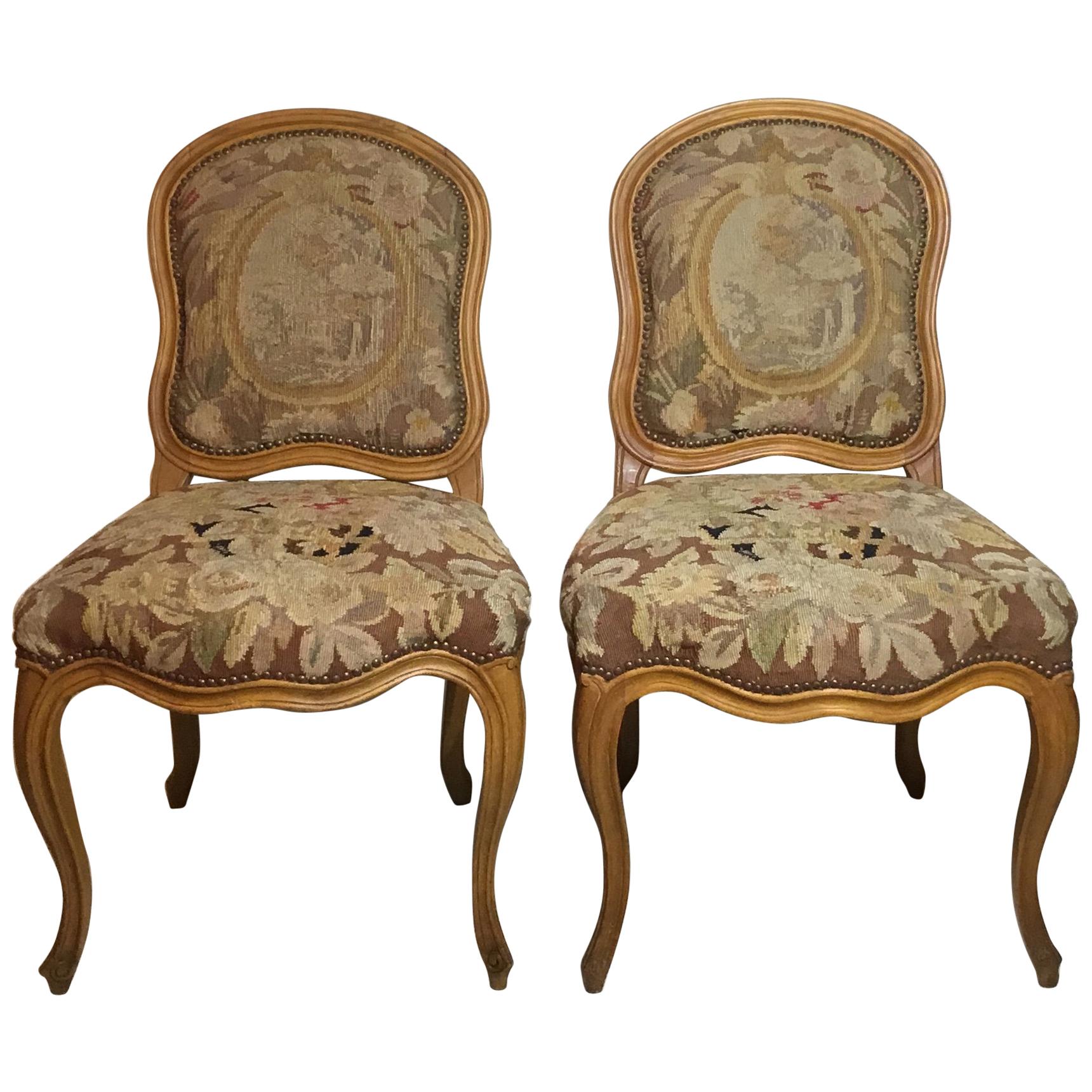 Pair of French Louis XV Style Aubusson Upholstered Chairs