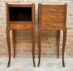 Pair of French Louis XV Style Bedside Tables with Marquetry and Brass Hardware