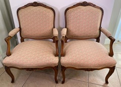 Pair of French Louis XV Style Beechwood Fauteuil Armchairs, Carved Frames