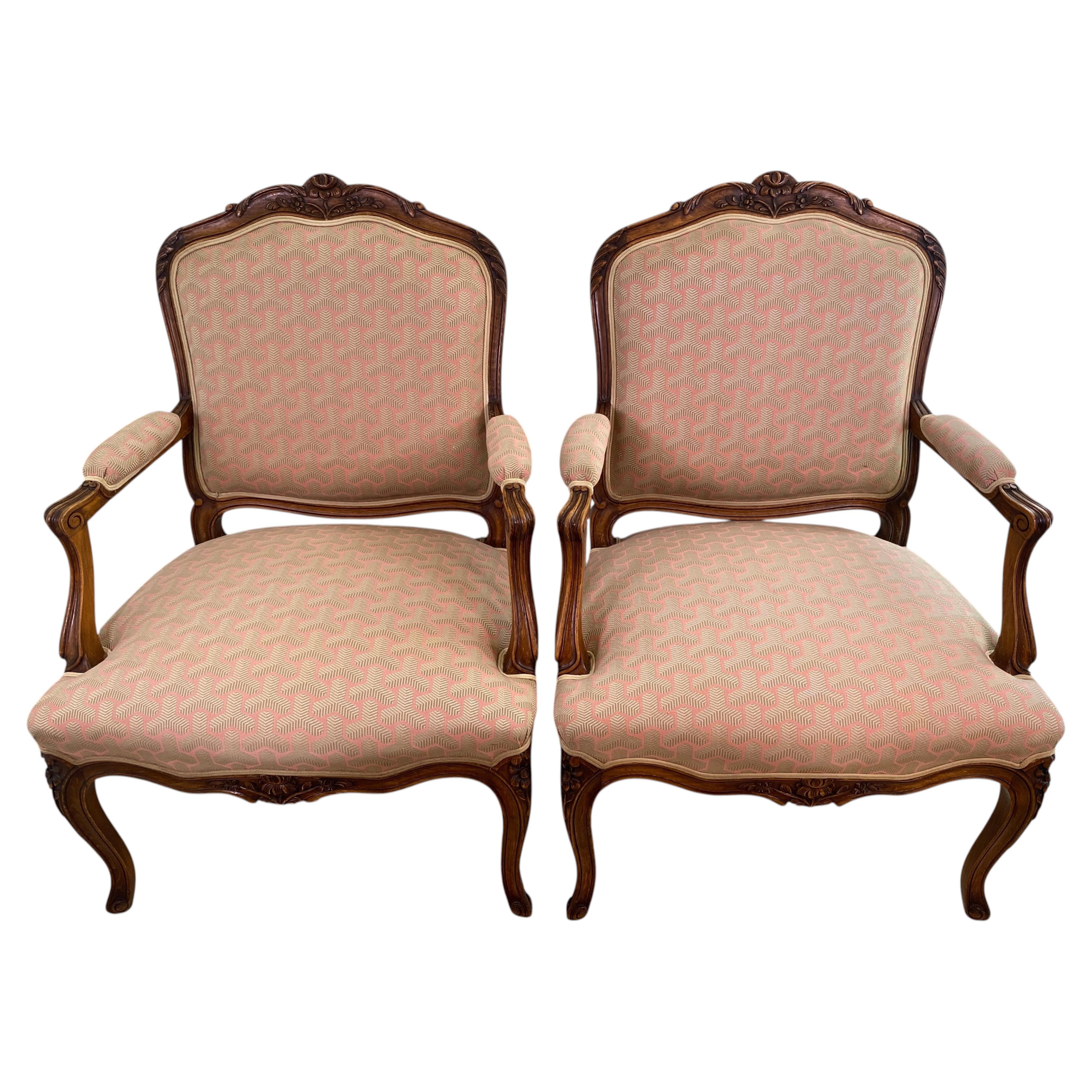 Pair of French Louis XV Style Beechwood Fauteuil Armchairs, Carved Frames