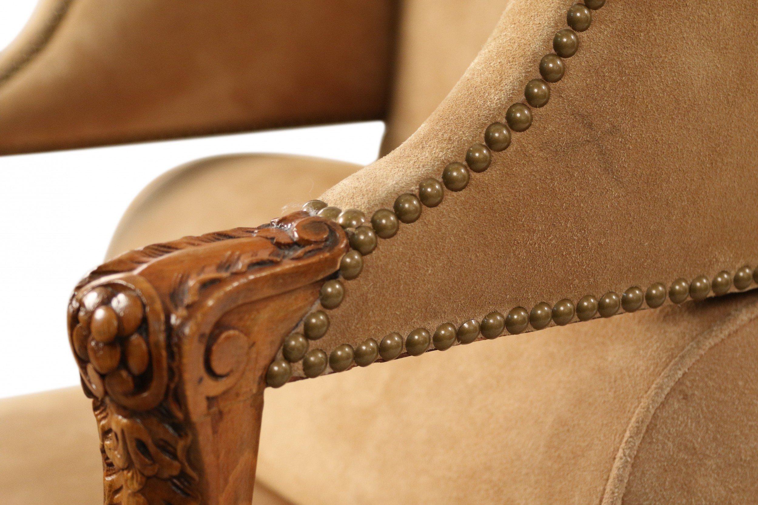 Pair of French Louis XV Style Beige Suede Upholstered Open Wingback Armchairs 4
