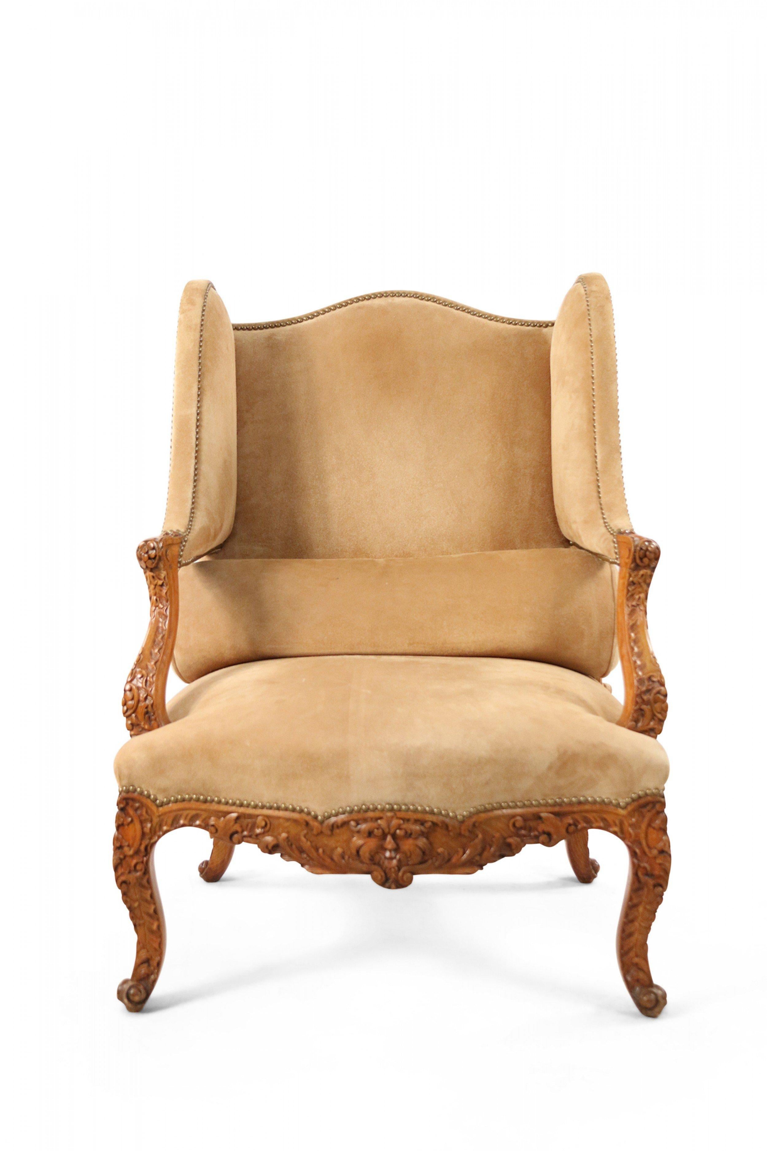 Louis XVI Pair of French Louis XV Style Beige Suede Upholstered Open Wingback Armchairs