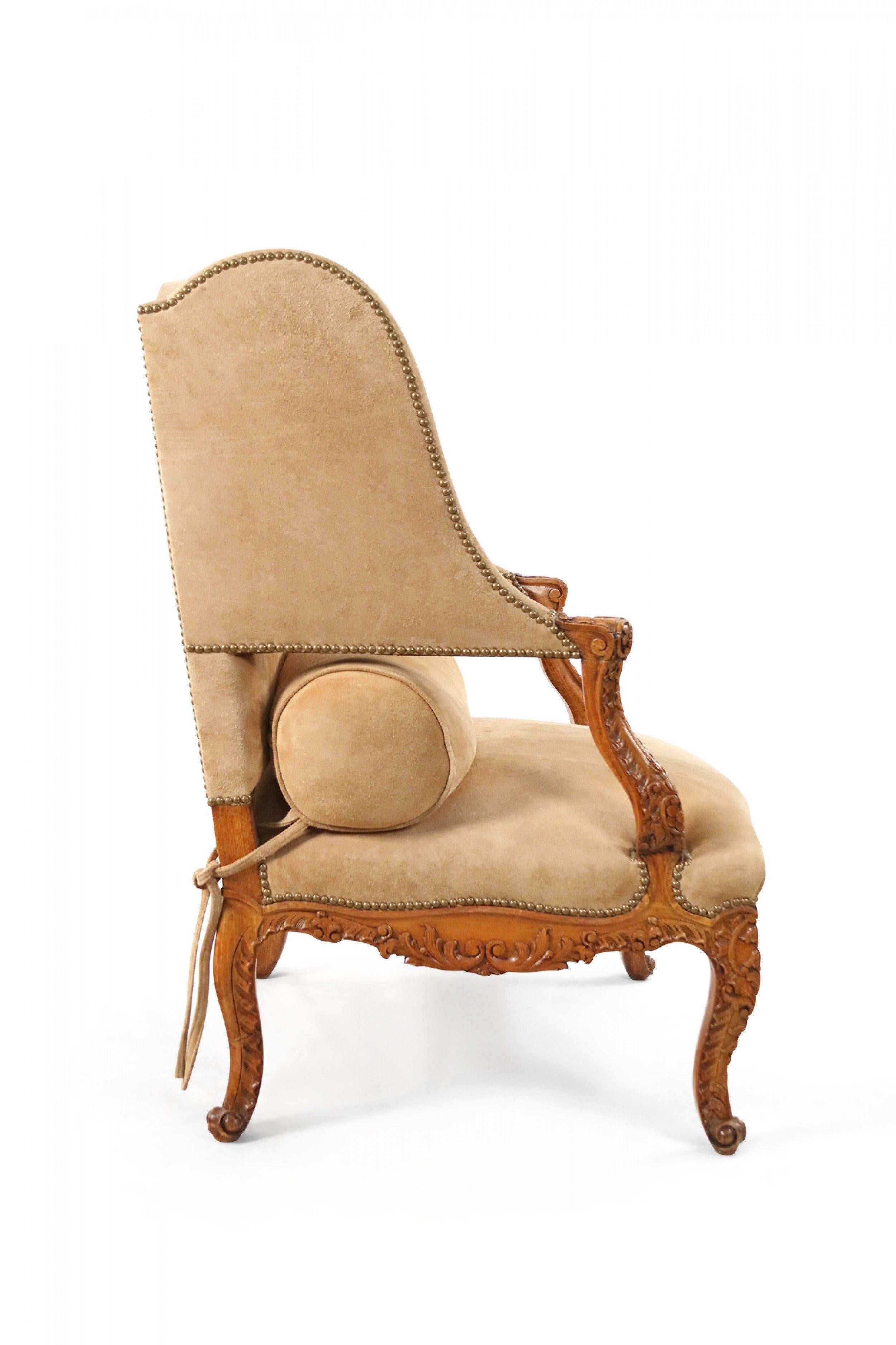Pair of French Louis XV Style Beige Suede Upholstered Open Wingback Armchairs In Good Condition In Queens, NY
