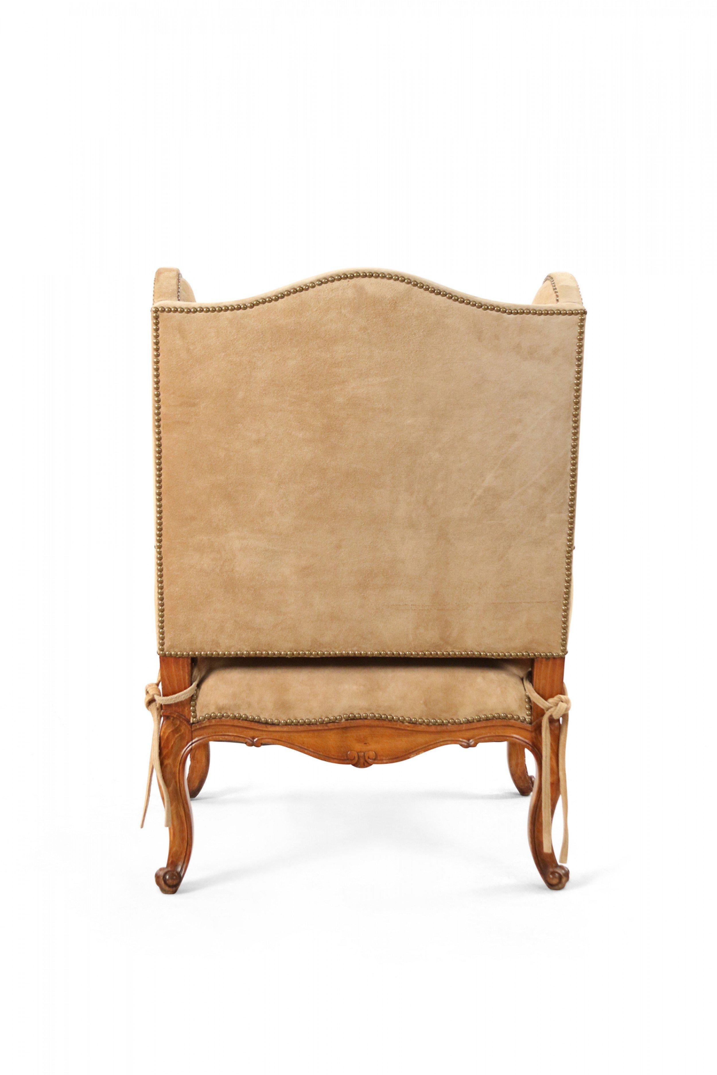 19th Century Pair of French Louis XV Style Beige Suede Upholstered Open Wingback Armchairs