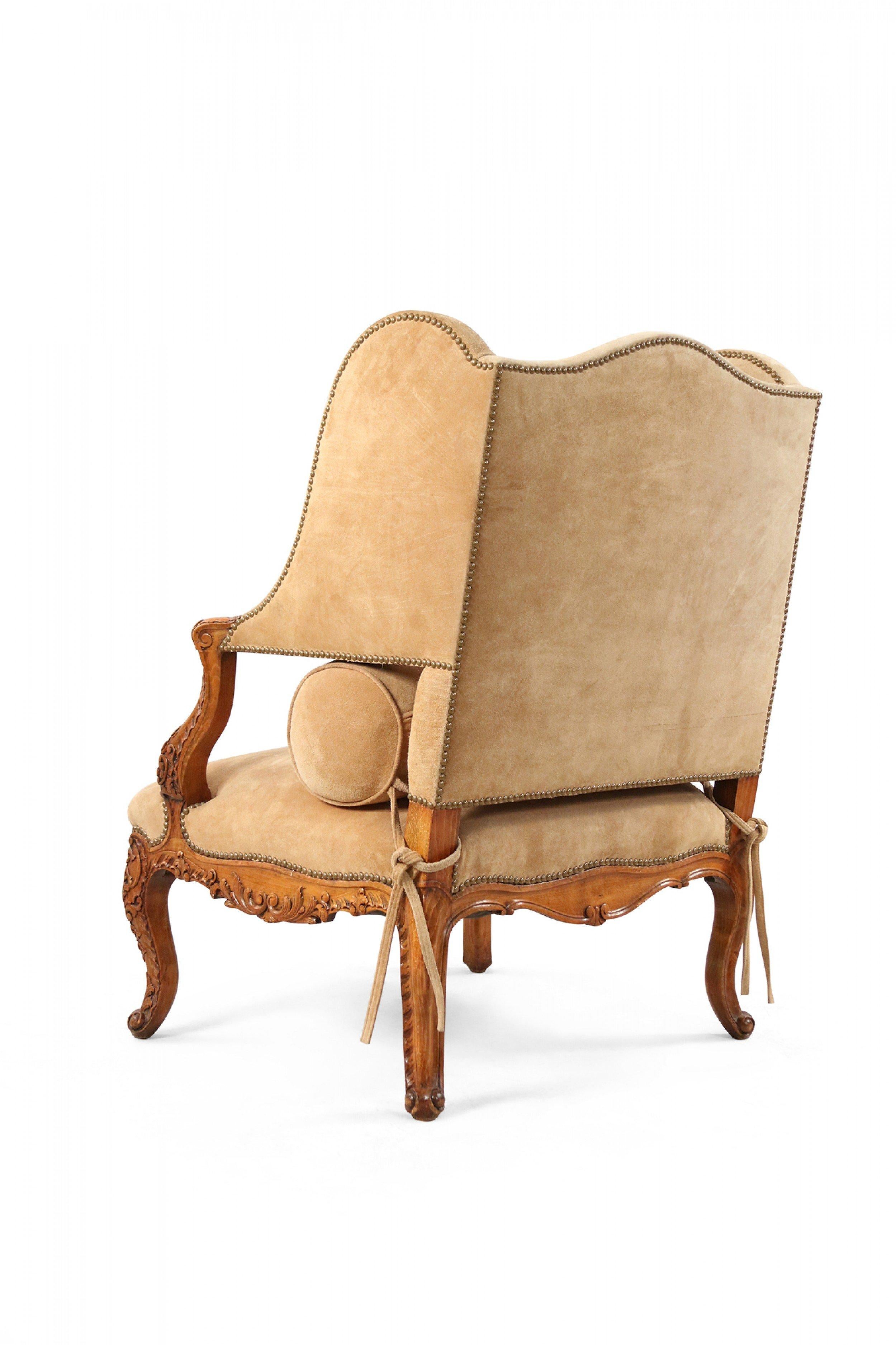 Wood Pair of French Louis XV Style Beige Suede Upholstered Open Wingback Armchairs