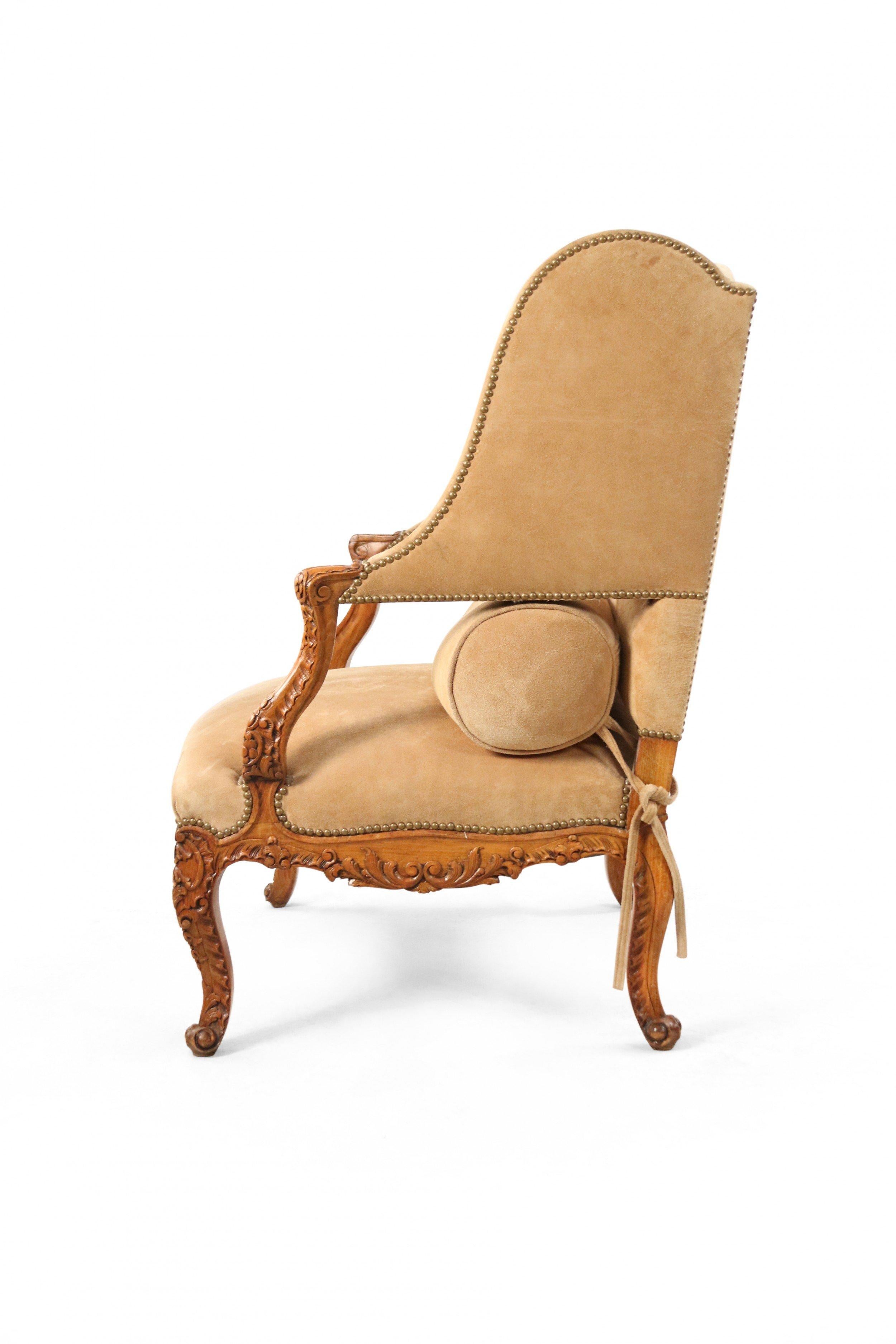 Pair of French Louis XV Style Beige Suede Upholstered Open Wingback Armchairs 1