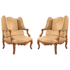 Pair of French Louis XV Style Beige Suede Upholstered Open Wingback Armchairs