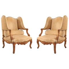 Pair of French Louis XV Style Beige Suede Upholstered Open Wingback Armchairs