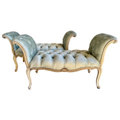 Pair of French Louis XV Style Benches with Seafoam Green Velvet Upholstery