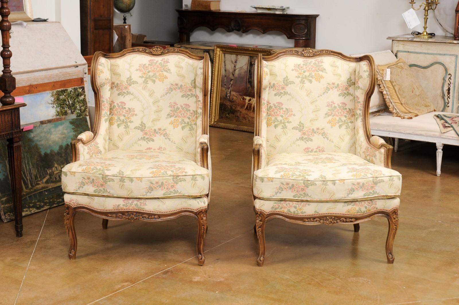 Pair of French Louis XV Style Bergères À Oreilles with Carved Floral Décor For Sale 8