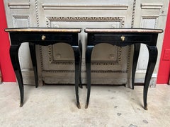 Antique Pair of French Louis XV Style Black Lacquered Side Tables with Marble Tops