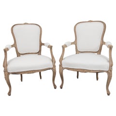Pair of French Louis XV Style Bleached Walnut Armchairs