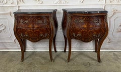 Pair of French Louis XV Style Bombe Nightstands - with Marble Tops
