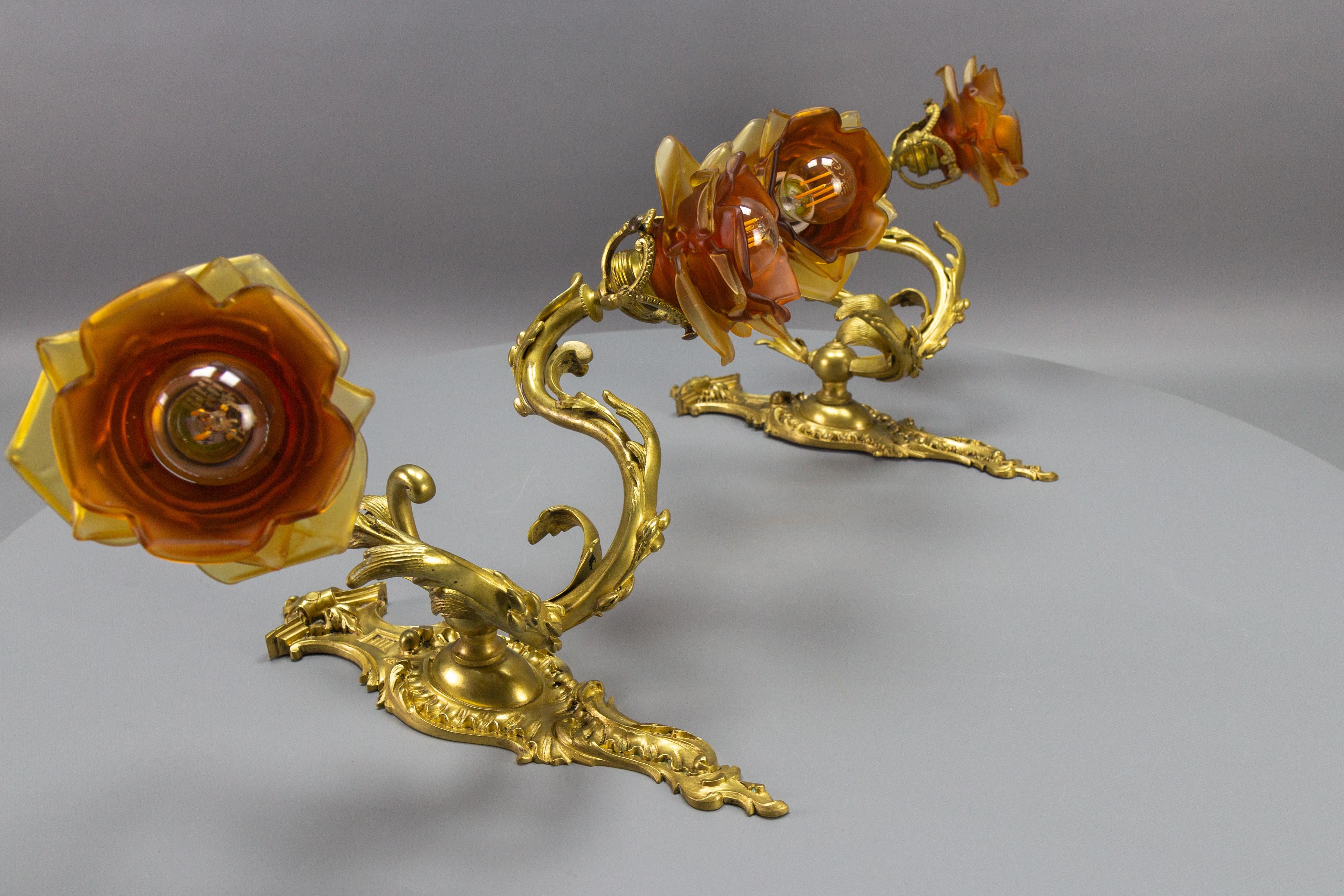 Pair of French Louis XV Style Bronze and Brown Glass Twin Arm Sconces, ca 1900 For Sale 5