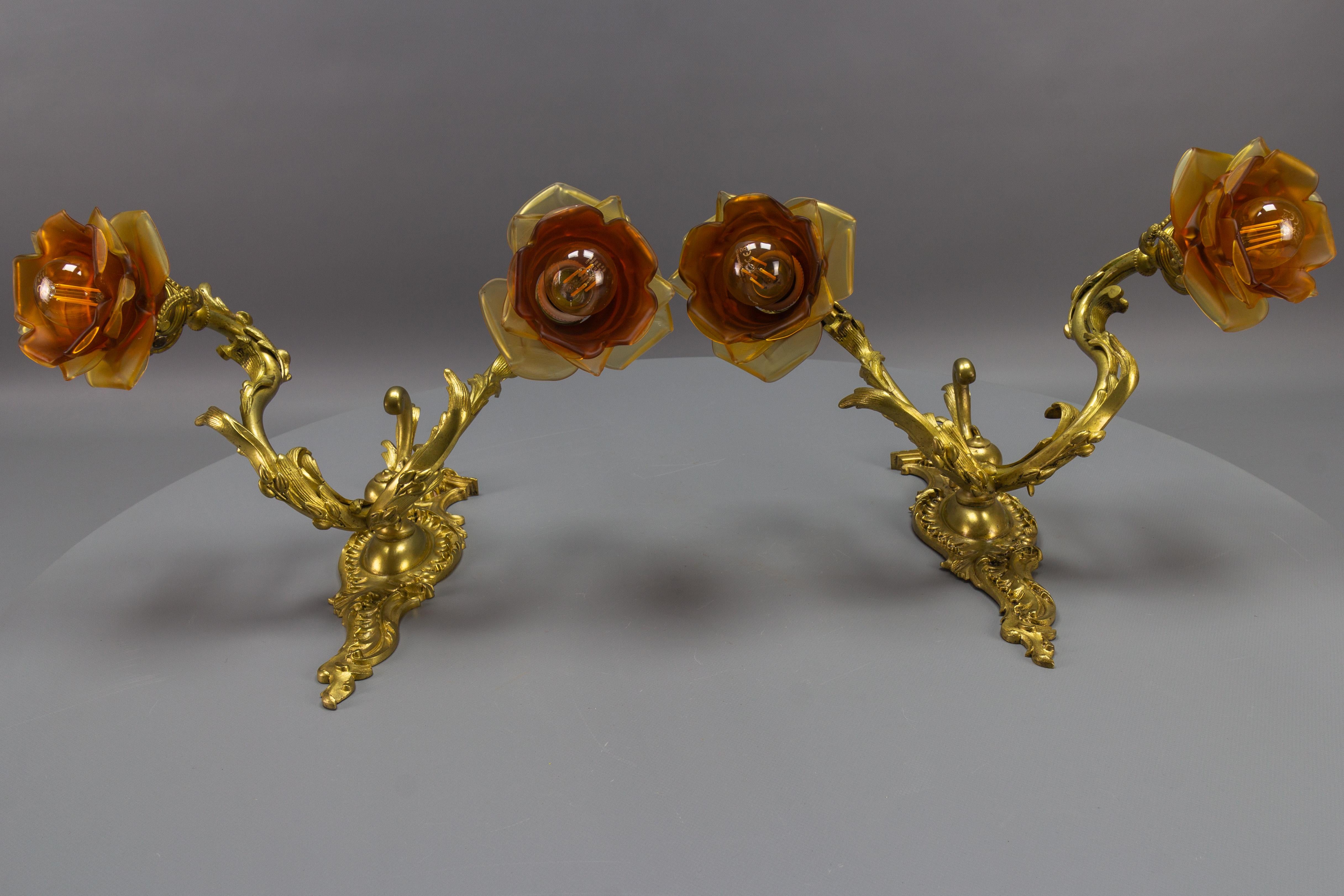 Pair of French Louis XV Style Bronze and Brown Glass Twin Arm Sconces, ca 1900 For Sale 6