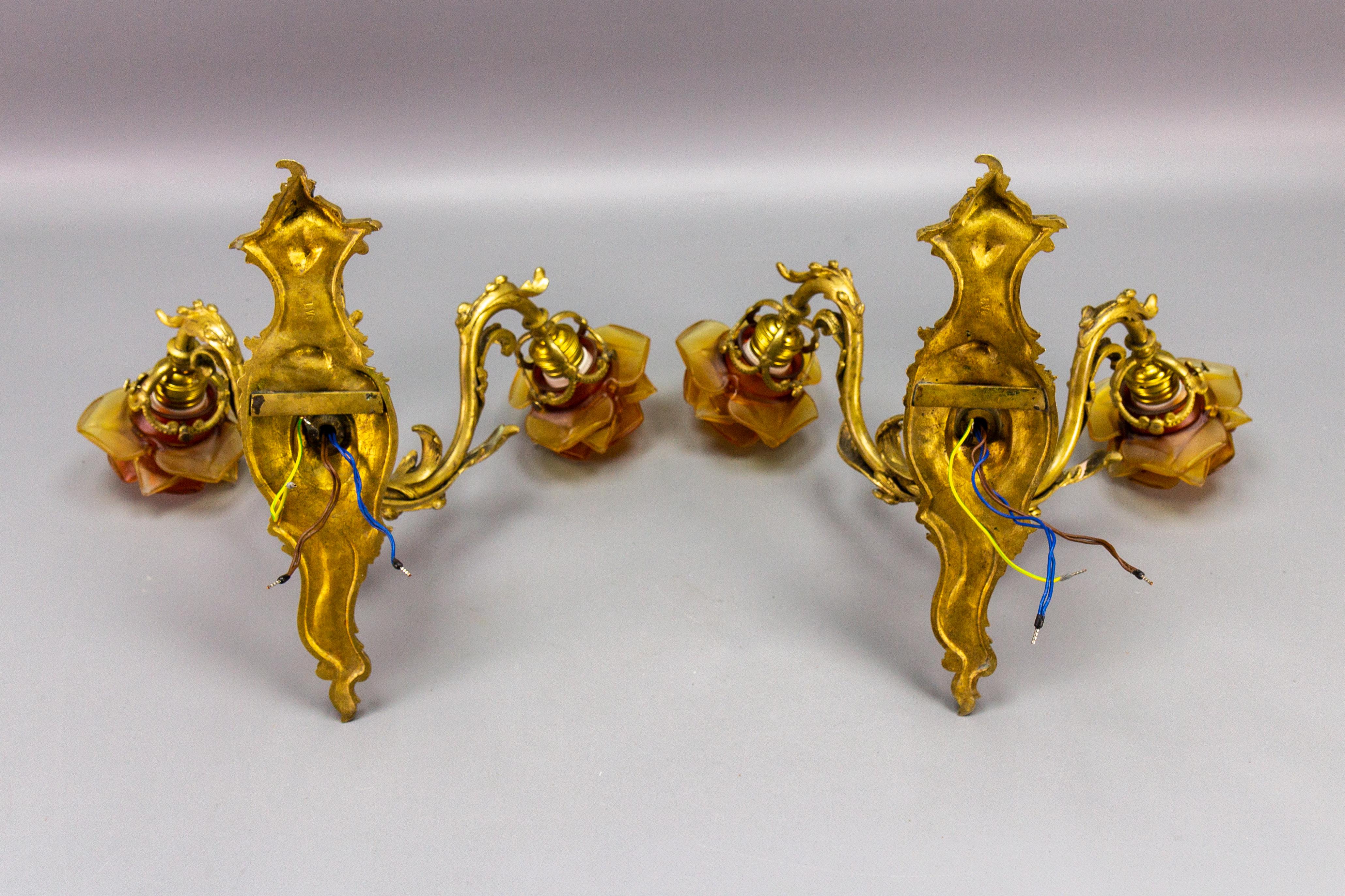 Pair of French Louis XV Style Bronze and Brown Glass Twin Arm Sconces, ca 1900 For Sale 7